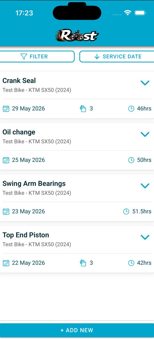 Service history for a bike with hours and next-due items