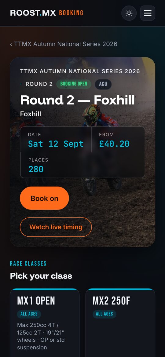 A round page in the Roost booking app: date, entry price, places left and a Book on button